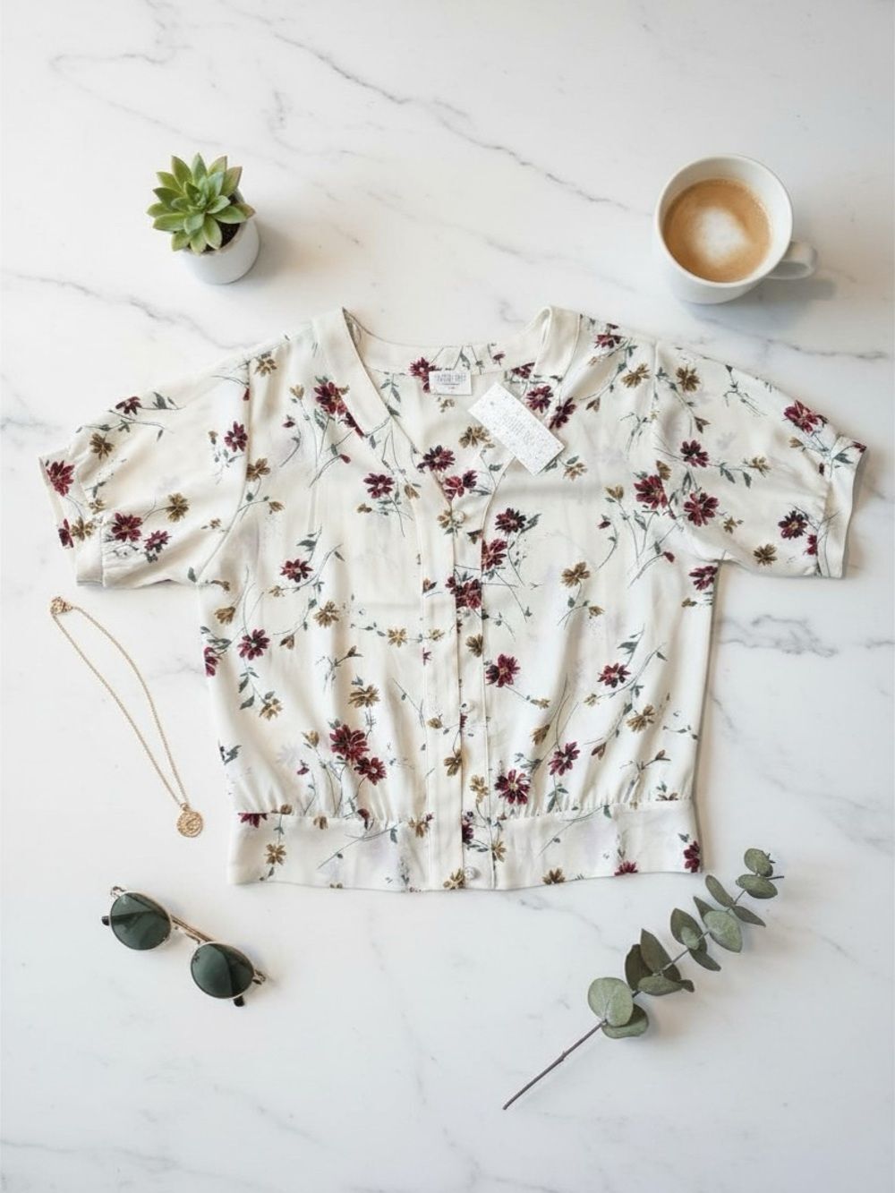 Sienna Sky Cream Button-Front Floral Blouse with Burgundy Accents | Size Medium